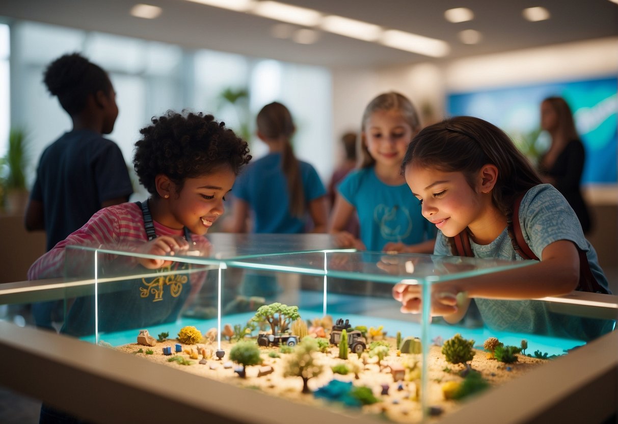A group of children explore interactive exhibits in a bright, spacious museum. Colorful displays and hands-on activities engage young minds during a lively spring break visit