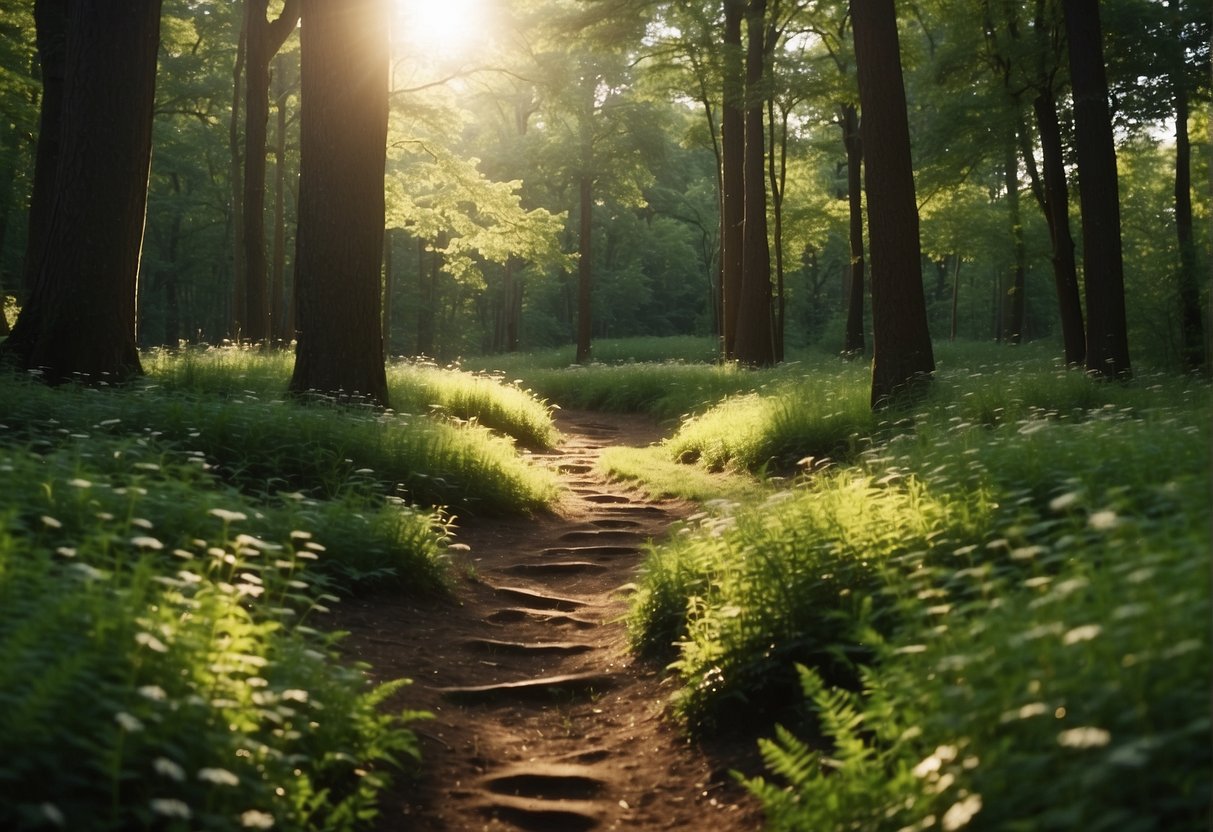 Lush green forests with winding trails, wildflowers, and gentle streams. Sunlight filters through the trees, creating dappled patterns on the forest floor