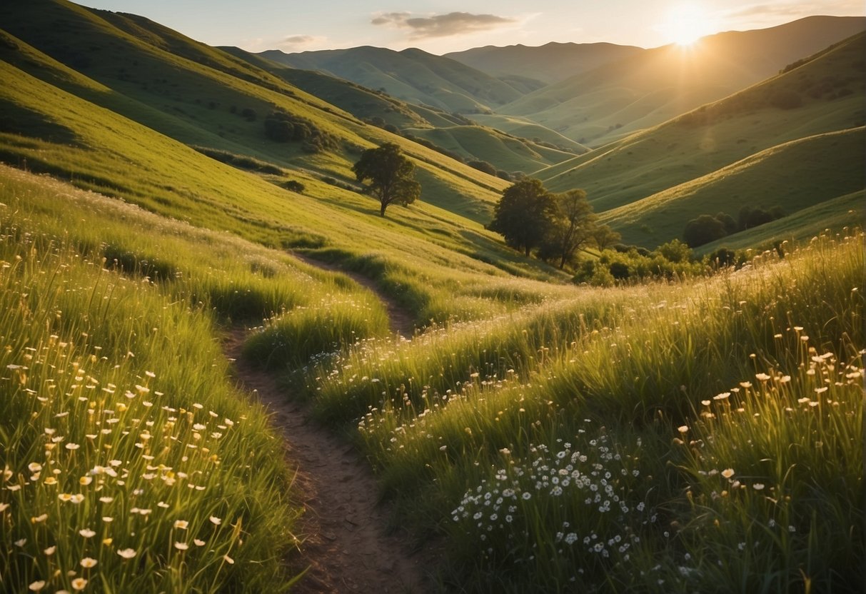 Lush green hills roll into the distance, dotted with blooming wildflowers. A winding trail cuts through the landscape, leading to a serene, babbling creek. The sun shines brightly overhead, casting a warm glow on the idyllic scene