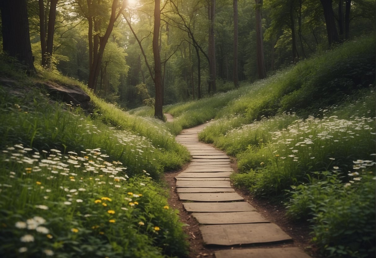 A winding nature trail through lush forests with a clear path and signage, surrounded by blooming wildflowers and wildlife