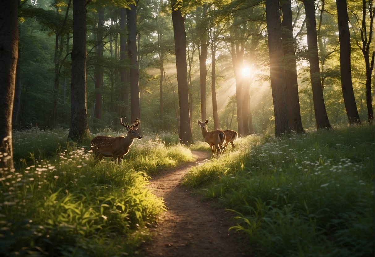 A winding trail cuts through lush green forest, with sunlight streaming through the canopy. A family of deer grazes in a clearing, while wildflowers bloom along the path
