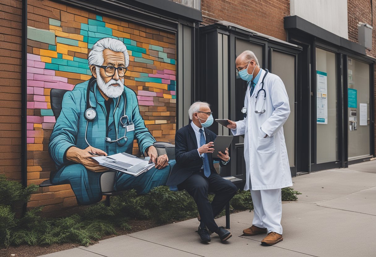 A doctor discusses HIPAA and cancer survivorship with a patient, using a computer to access medical records