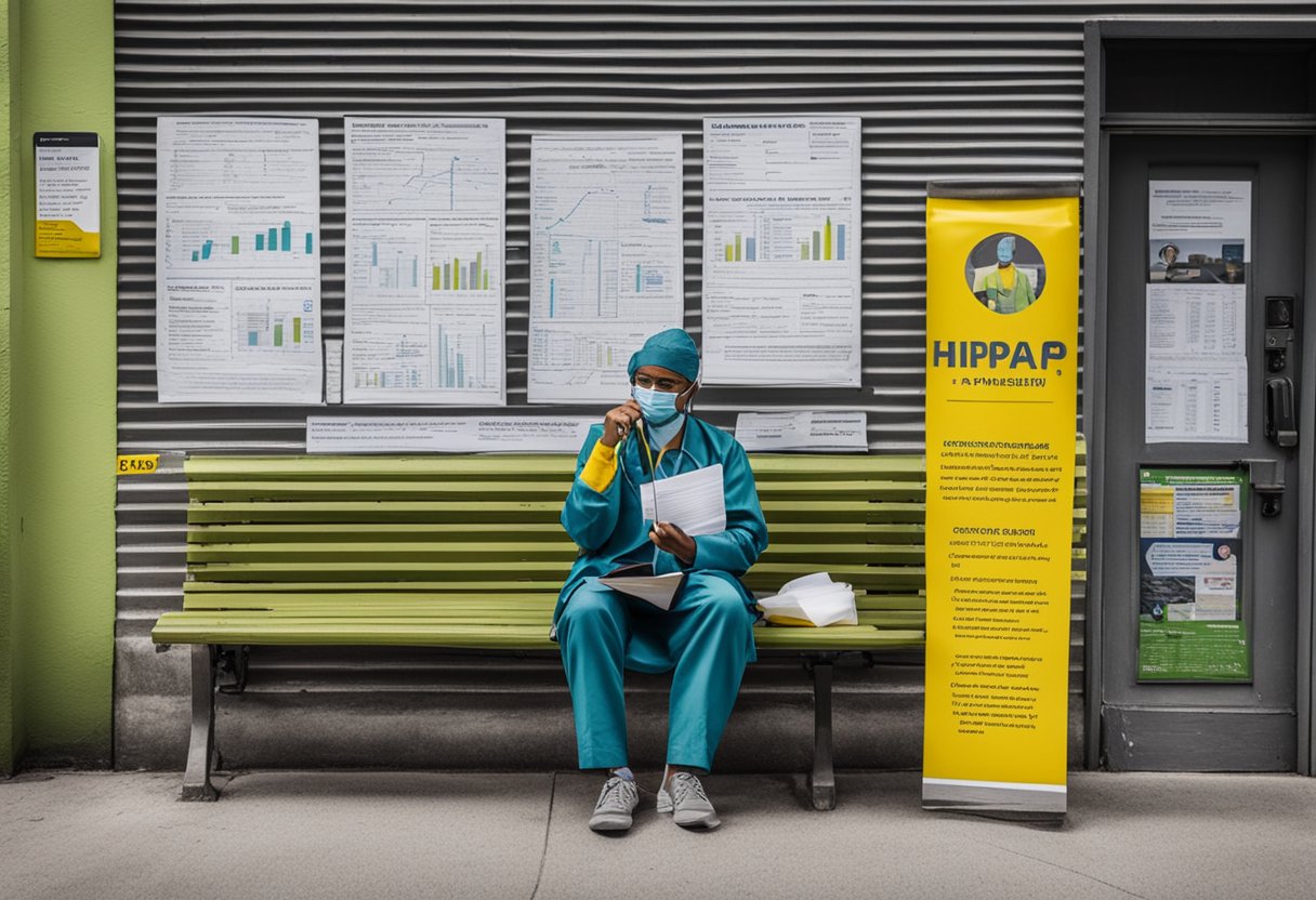 A person sitting in a doctor's office, with a medical chart labeled "HIPPA," and a pamphlet on "Cancer Survivorship" in their hand