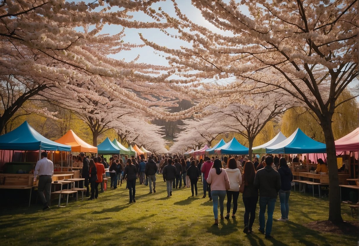 Colorful tents and food stalls line the festival grounds. Children play games and families enjoy live music. Cherry blossoms and tulips bloom in the background