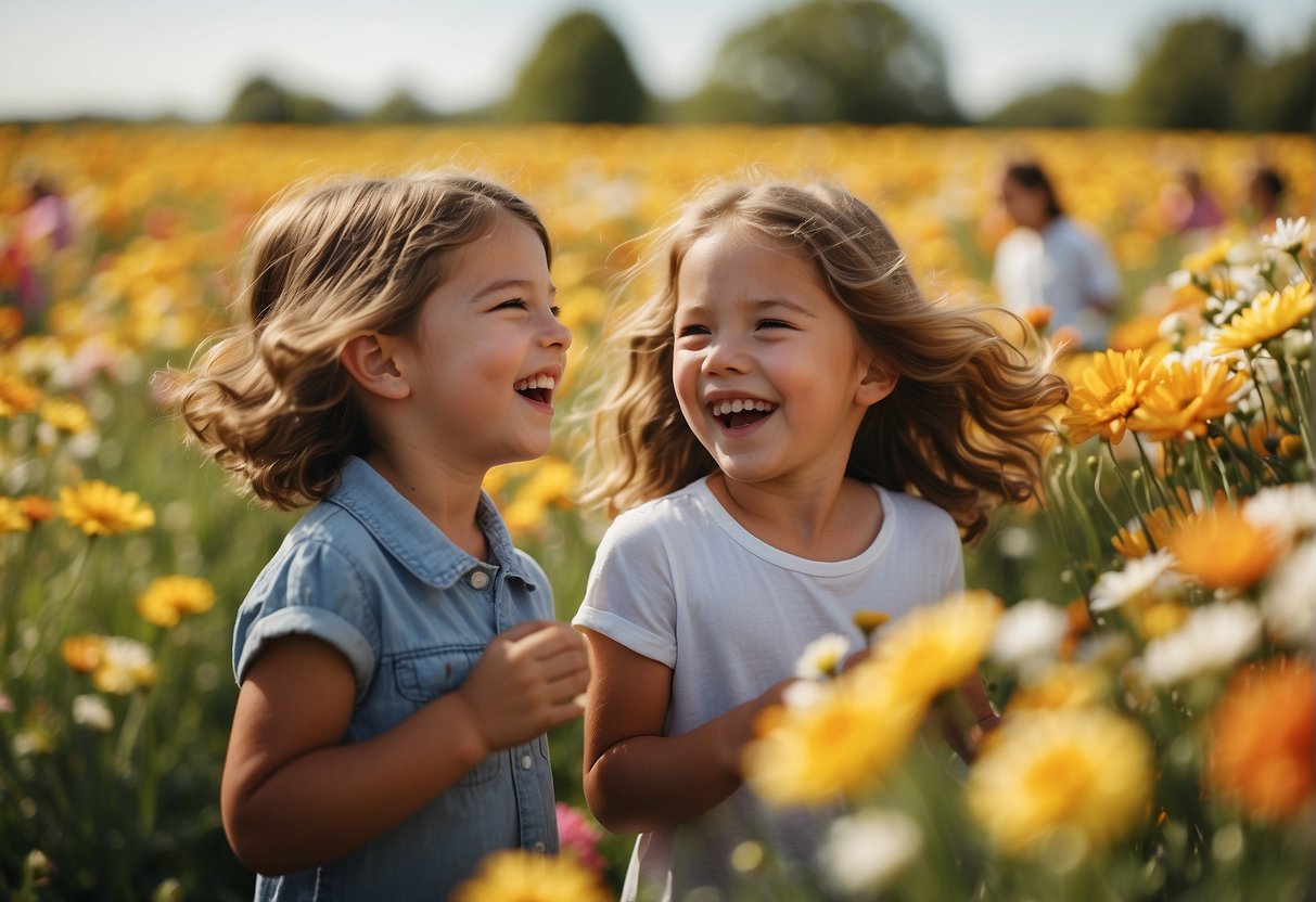 Children laughing and playing in a colorful field of blooming flowers, while families enjoy live music and delicious food at a lively spring festival in Missouri