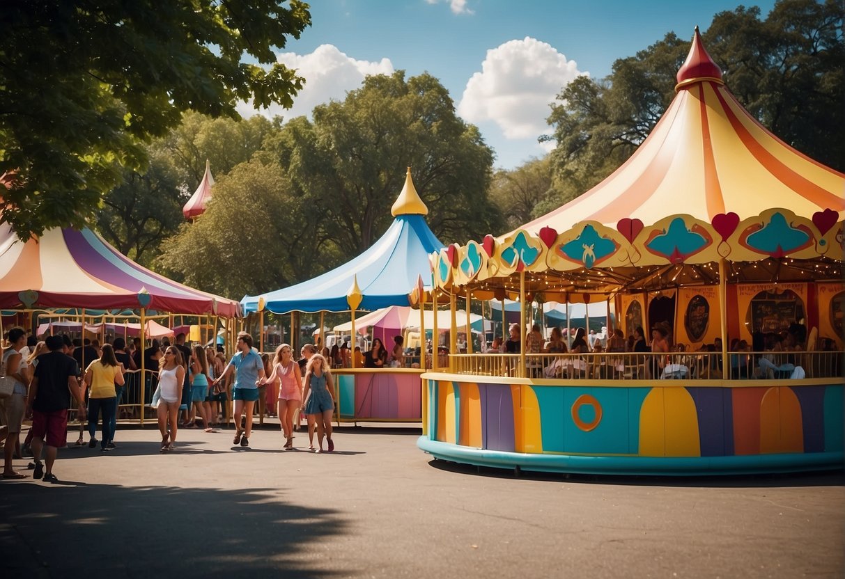 Colorful tents and booths line the park, offering games, food, and crafts. Children laugh and play while live music fills the air. A carousel spins and families gather for a magic show