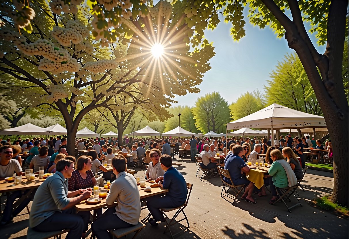 A bustling outdoor festival with colorful decorations and families enjoying meals at picnic tables under blooming spring trees