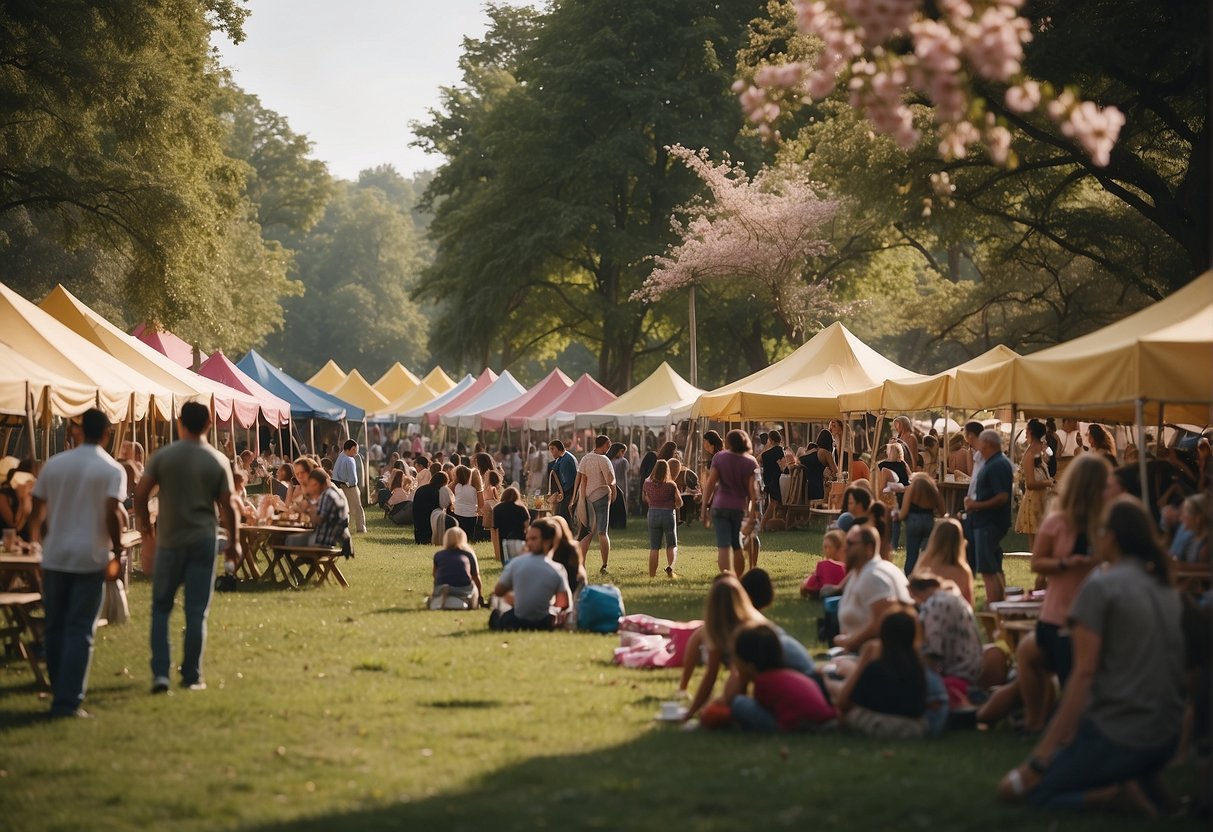 A bustling festival scene with colorful tents, food vendors, and families enjoying live music and entertainment in a park surrounded by blooming spring flowers