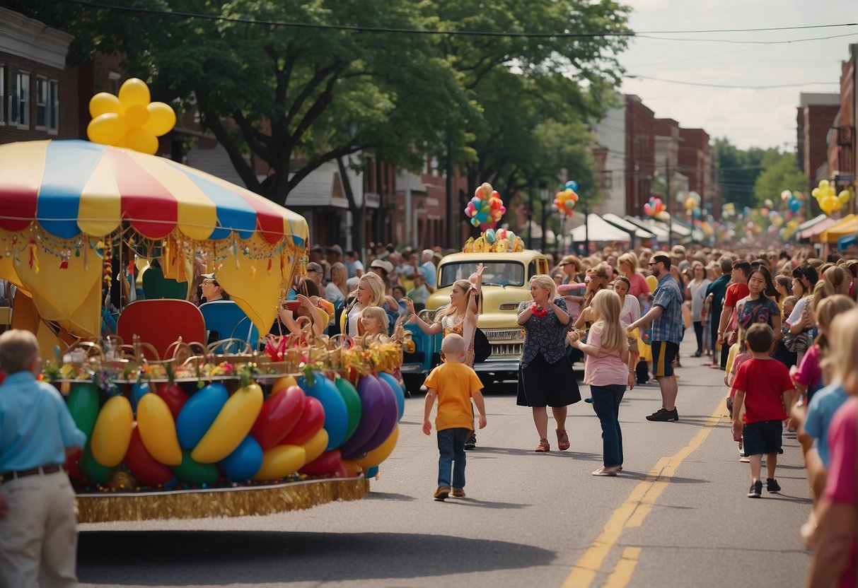 A vibrant parade of colorful floats and dancers, surrounded by families enjoying traditional music and food at a Missouri spring festival
