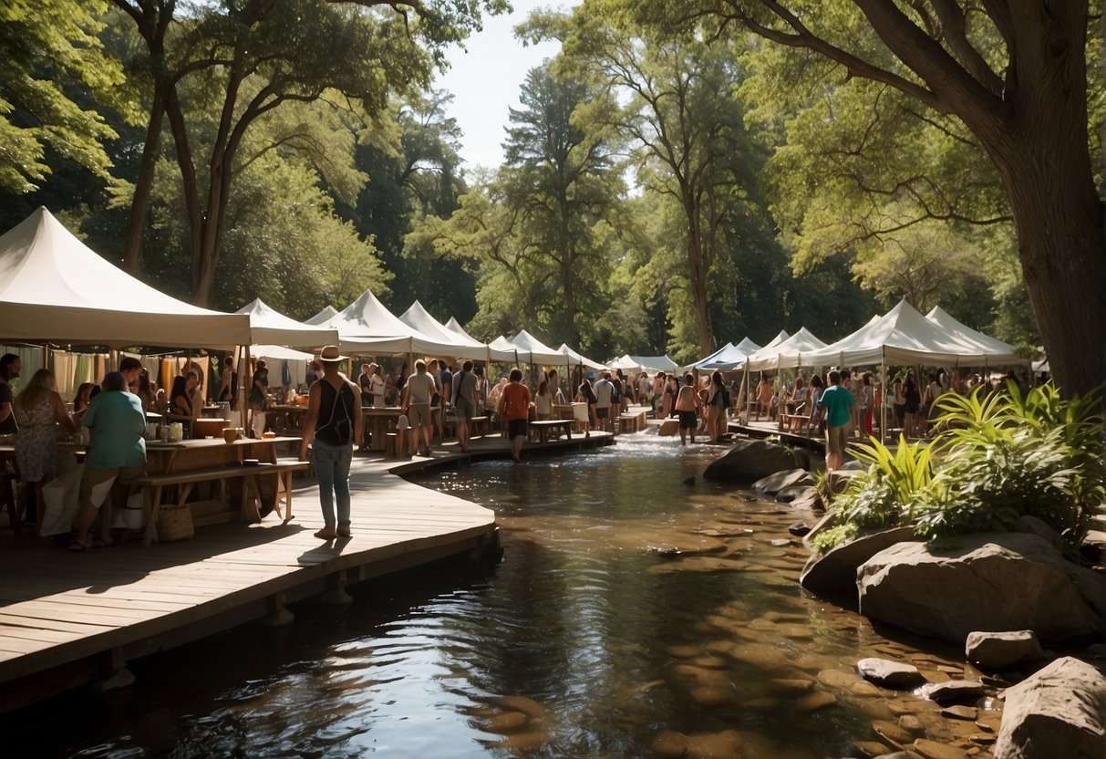 Lush greenery surrounds a bubbling creek, while families hike and picnic under the shade of towering trees. Colorful tents and vendors line the festival grounds, offering nature-inspired crafts and delicious local fare