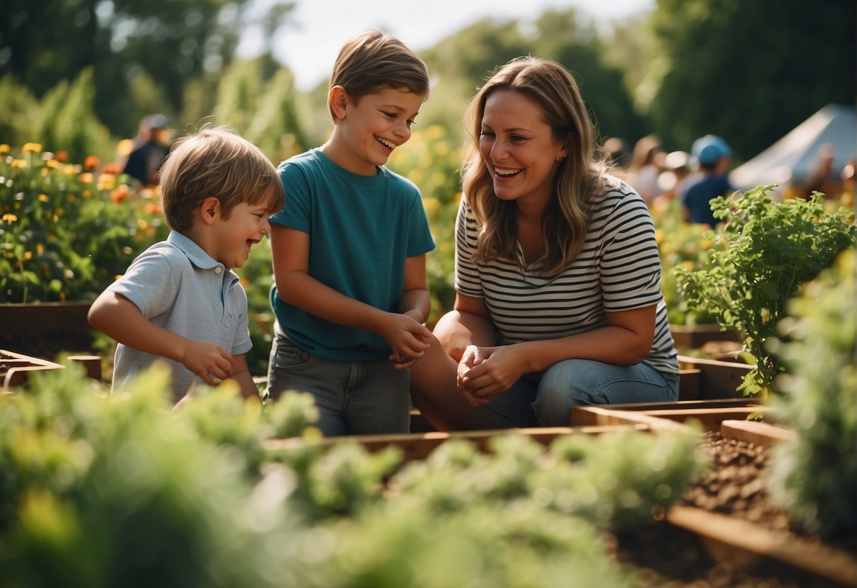 Children laughing and playing in a colorful outdoor maze. Parents watch as kids learn about plants and insects in an interactive garden exhibit