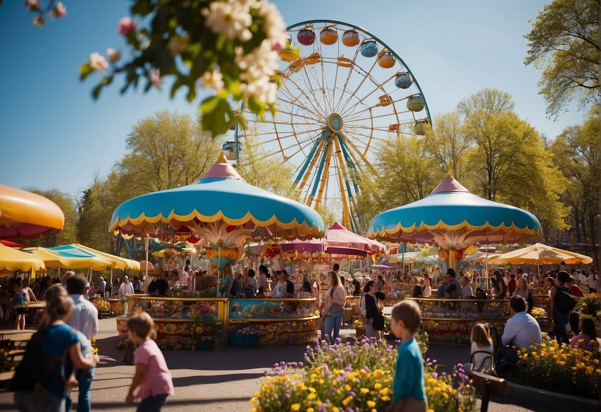 Colorful rides and attractions fill the park. Families enjoy games and food. Spring flowers bloom, adding to the festive atmosphere