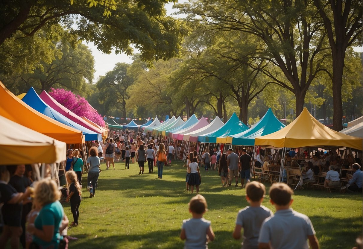 Colorful tents line the park, filled with families enjoying live music, art displays, and delicious food. Children laugh and play in the sunshine, surrounded by blooming flowers and vibrant decorations