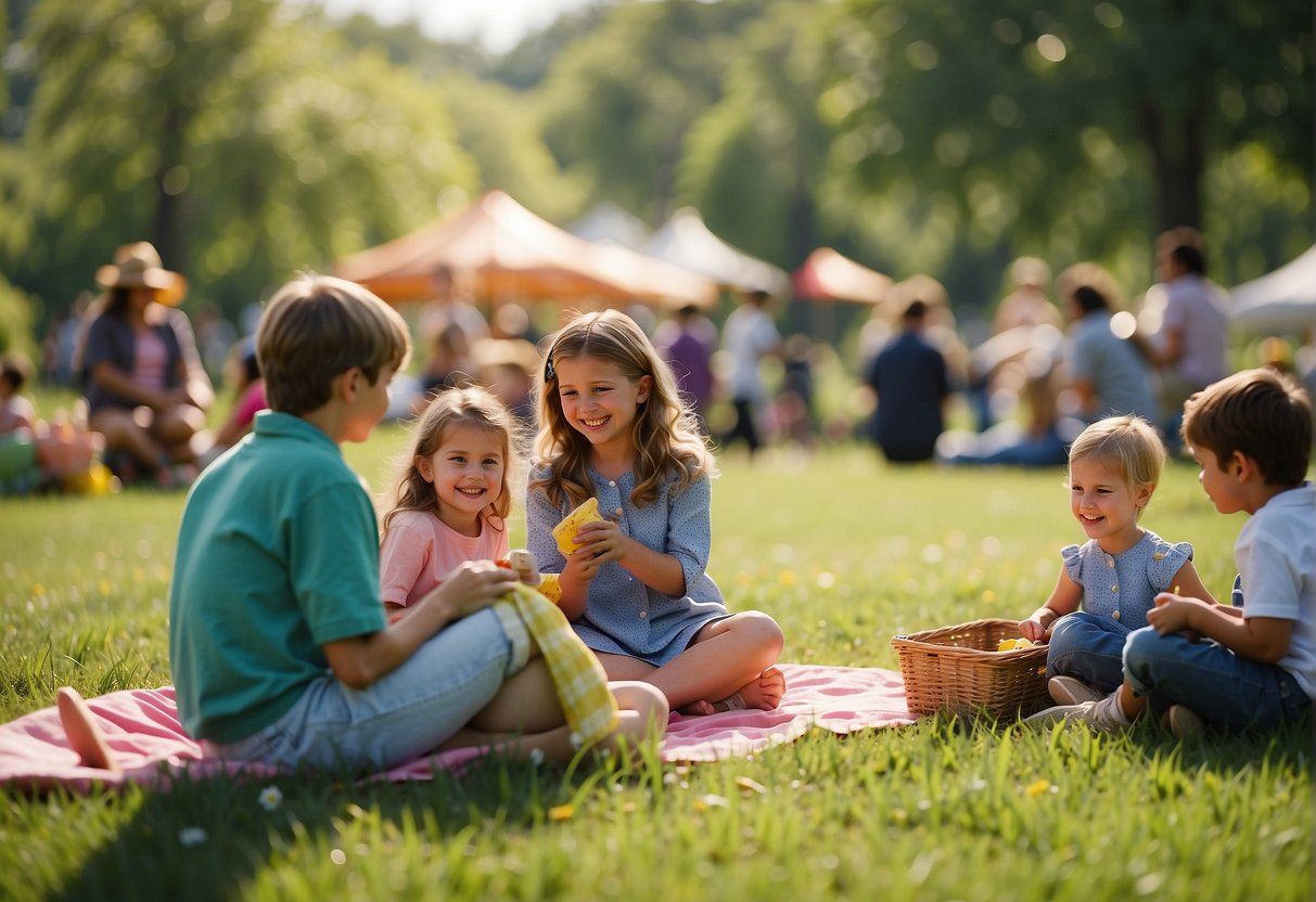 A colorful scene of families picnicking on green grass, children playing with kites, and vendors selling spring flowers and treats at a Missouri festival