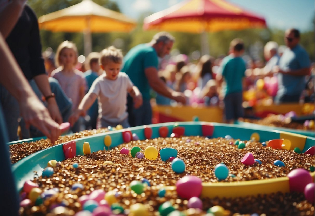 A colorful carnival scene with families playing games, enjoying rides, and participating in spring-themed activities at a Missouri festival