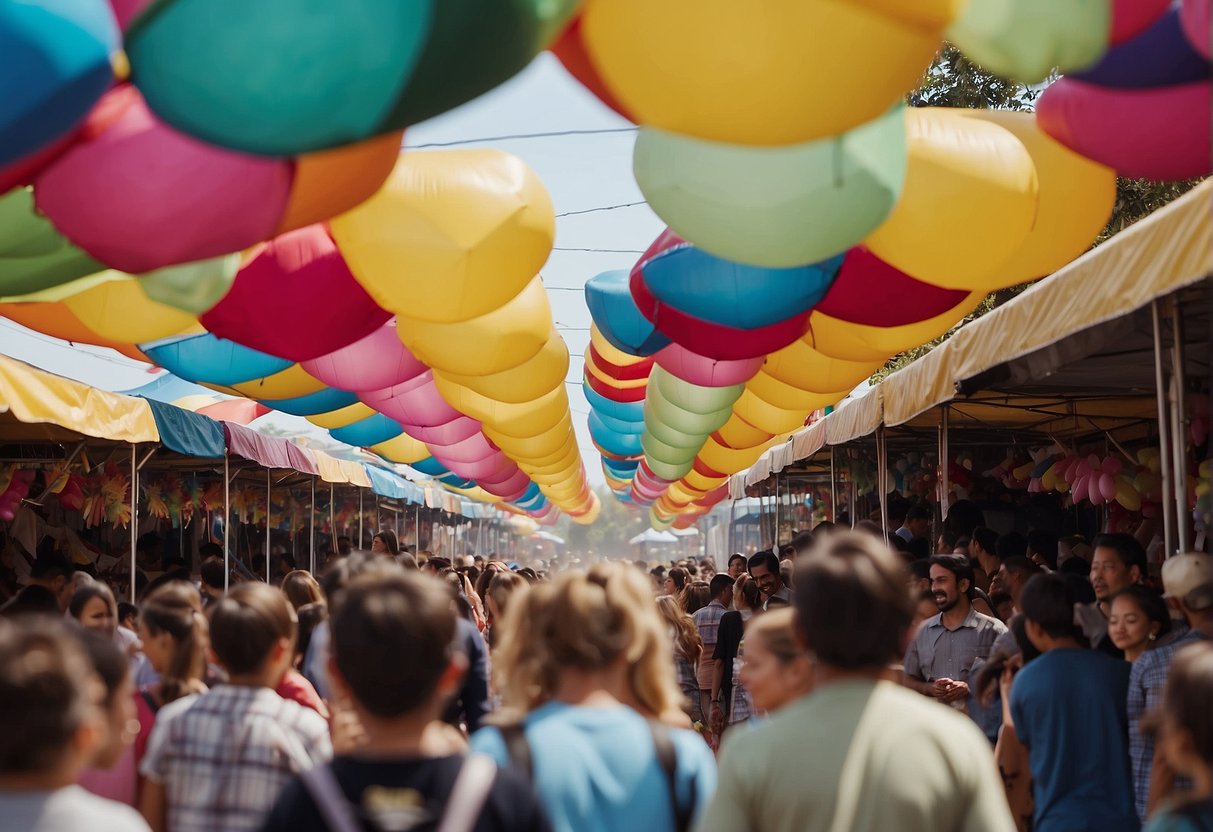 Colorful banners flutter in the breeze above a bustling festival ground. Families stroll between booths, enjoying games and treats. A stage hosts lively performances, while children laugh and play