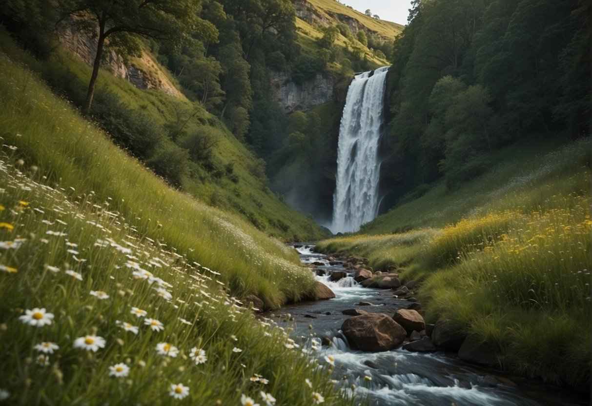 A winding road cuts through lush green hills dotted with blooming wildflowers. A hidden waterfall cascades into a crystal-clear stream, surrounded by towering trees. A sense of adventure and discovery fills the air