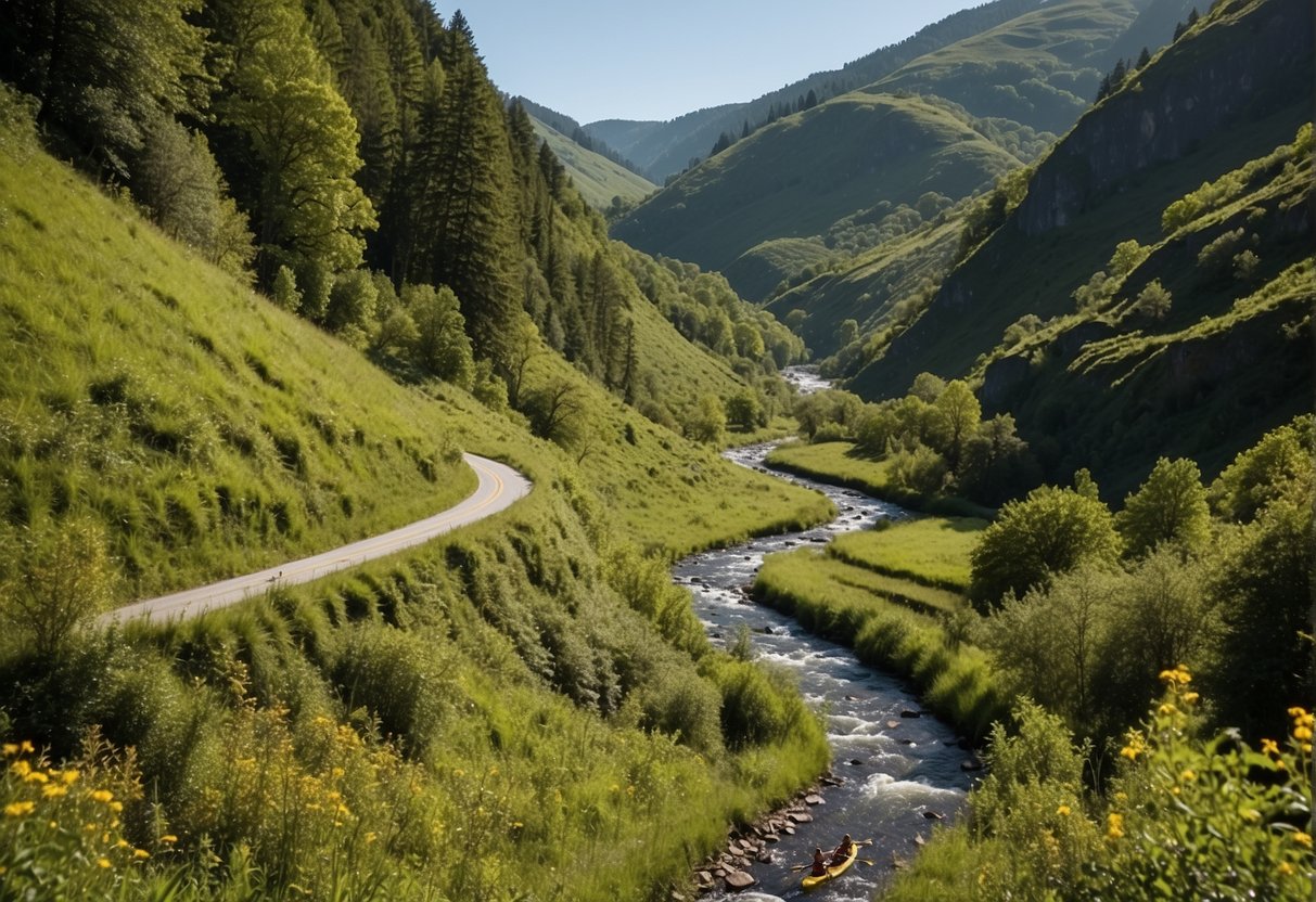 A winding road cuts through lush green hills, leading to a hidden waterfall. Canoeists paddle along a tranquil river, while hikers explore a dense forest. Wildflowers bloom in the meadows, and a bright blue sky stretches overhead