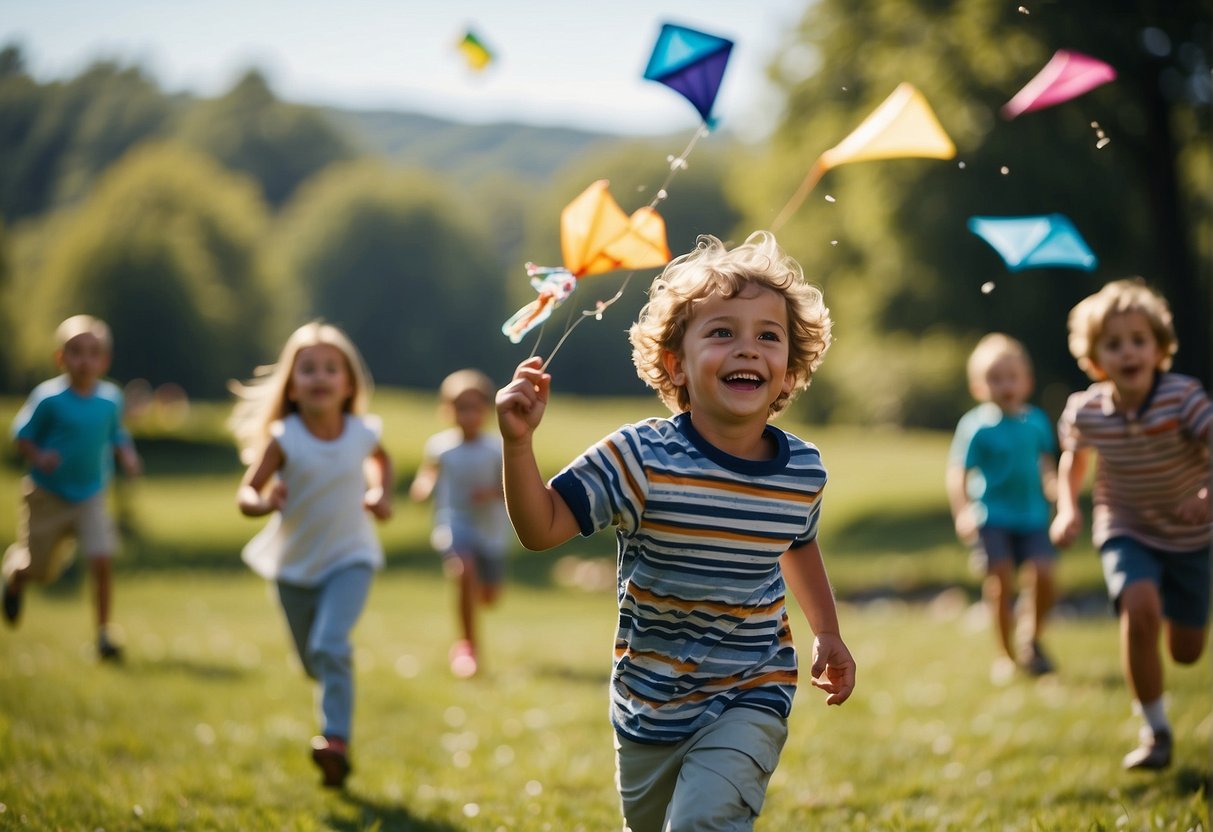 Children play in a sunny park, laughing and running. A colorful kite soars in the blue sky, while others splash in a nearby stream