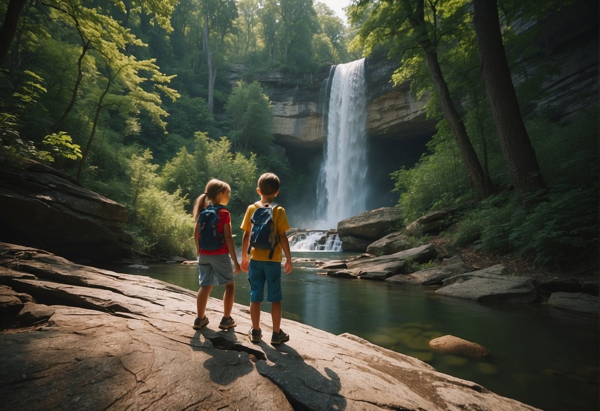 Children explore Missouri's natural wonders: hiking through lush forests, marveling at cascading waterfalls, and spotting wildlife in the serene wilderness