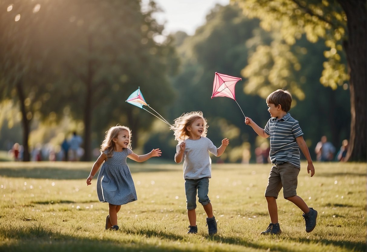 Children playing in a park, flying kites, and having a picnic. Families enjoying outdoor activities like hiking, biking, and exploring nature trails