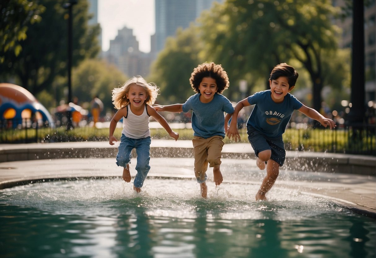 Children playing in a city park, surrounded by tall buildings and bustling streets. They run through fountains, climb on playground equipment, and laugh with friends