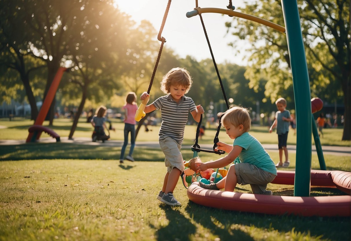 Children playing in a vibrant park with a playground, picnic area, and open grassy fields. Families enjoying free outdoor activities in sunny Missouri for spring break