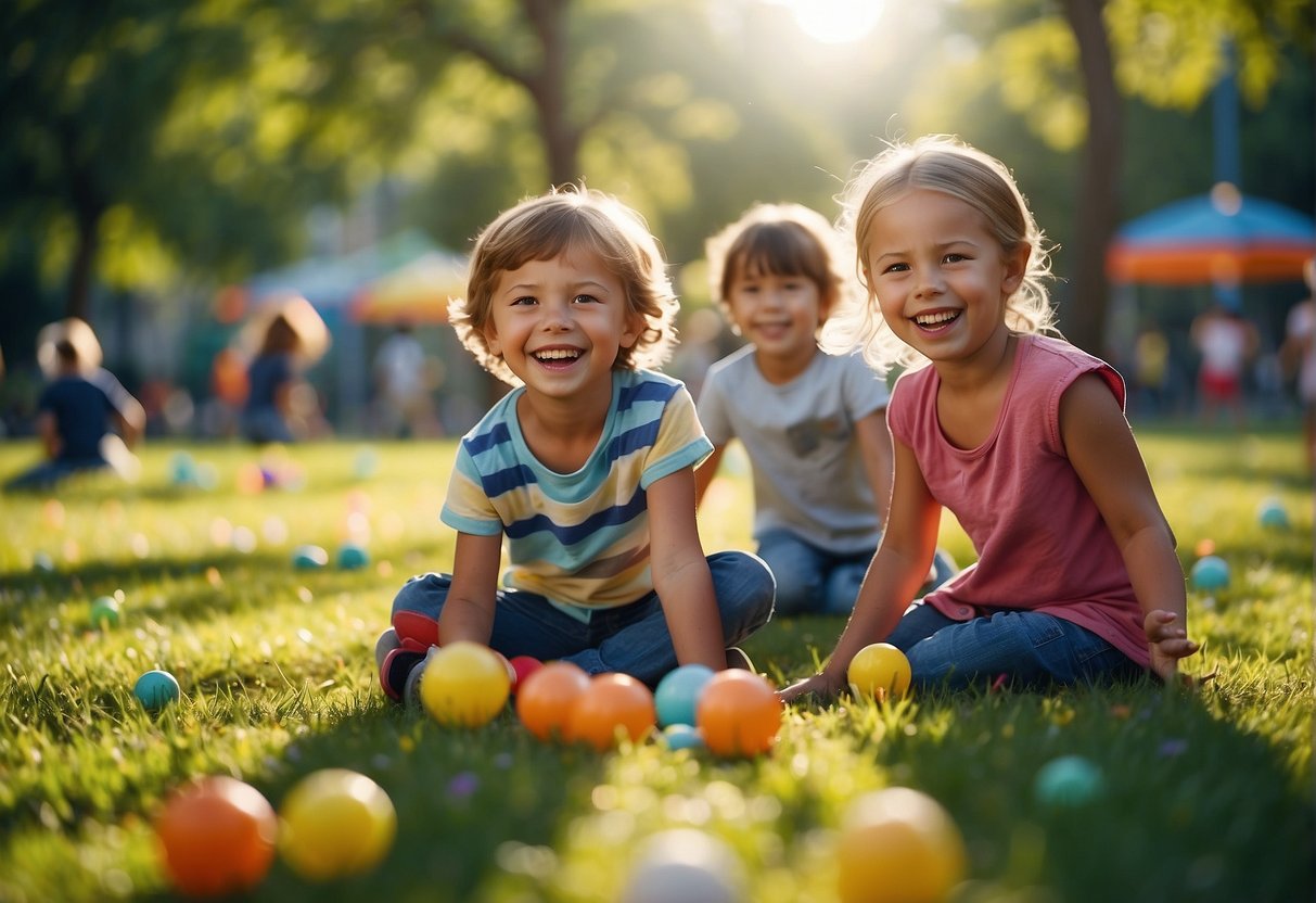 Children playing in a colorful park with free activities. Smiling faces, laughter, and sunshine. A vibrant, lively atmosphere with various games and entertainment options