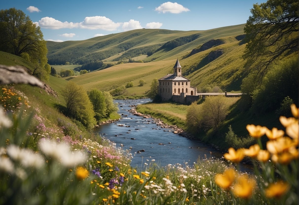 A scenic landscape with rolling hills and a historic building nestled among blooming spring flowers. A winding river flows nearby, reflecting the vibrant blue sky above
