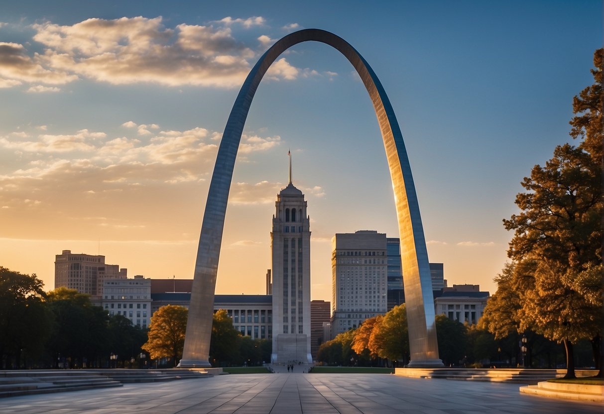 The iconic Gateway Arch stands tall against a backdrop of historic buildings and museums in Missouri, capturing the essence of the state's rich cultural heritage