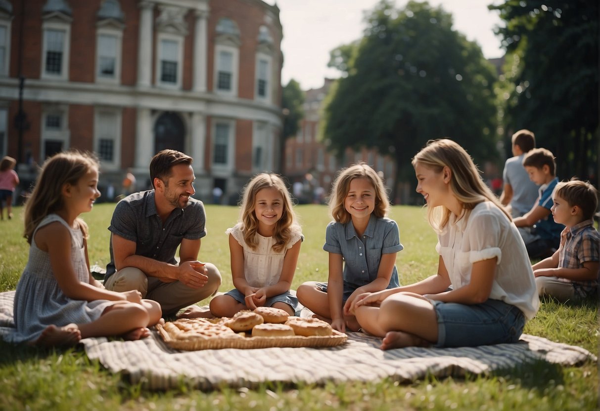 Families picnic near historic buildings. Kids play games on the grass. A tour group explores a preserved 19th-century town