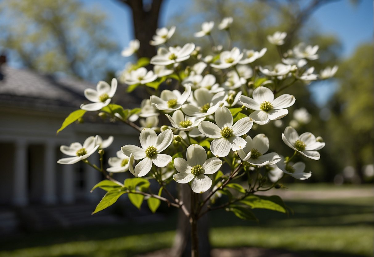A blooming dogwood tree stands in front of a historic site, with vibrant green grass and a clear blue sky in the background