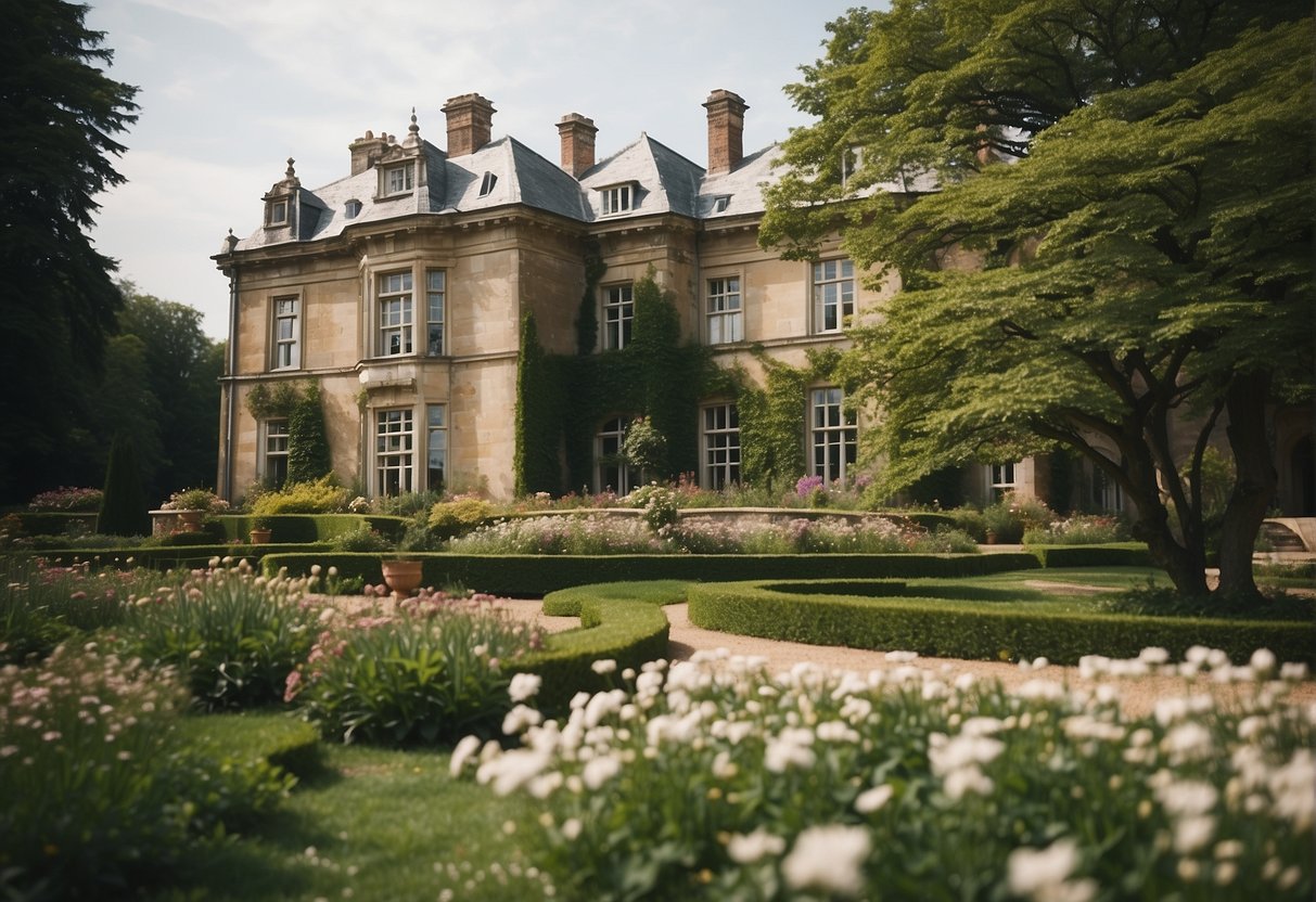 A historic site with a grand mansion surrounded by blooming spring flowers and lush greenery, welcoming visitors for a journey through time