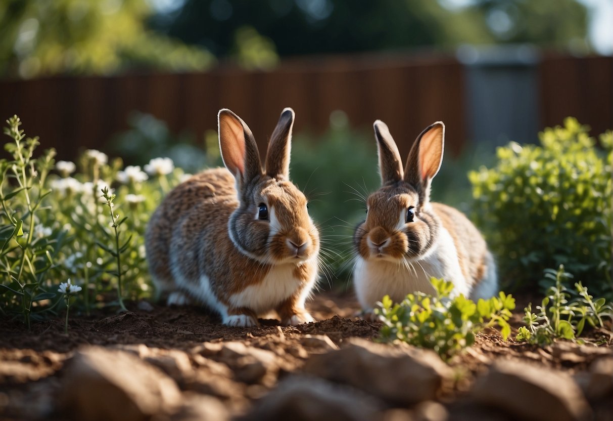 Rabbits avoiding garden with natural barriers like fences, thorny plants, and strong-smelling herbs