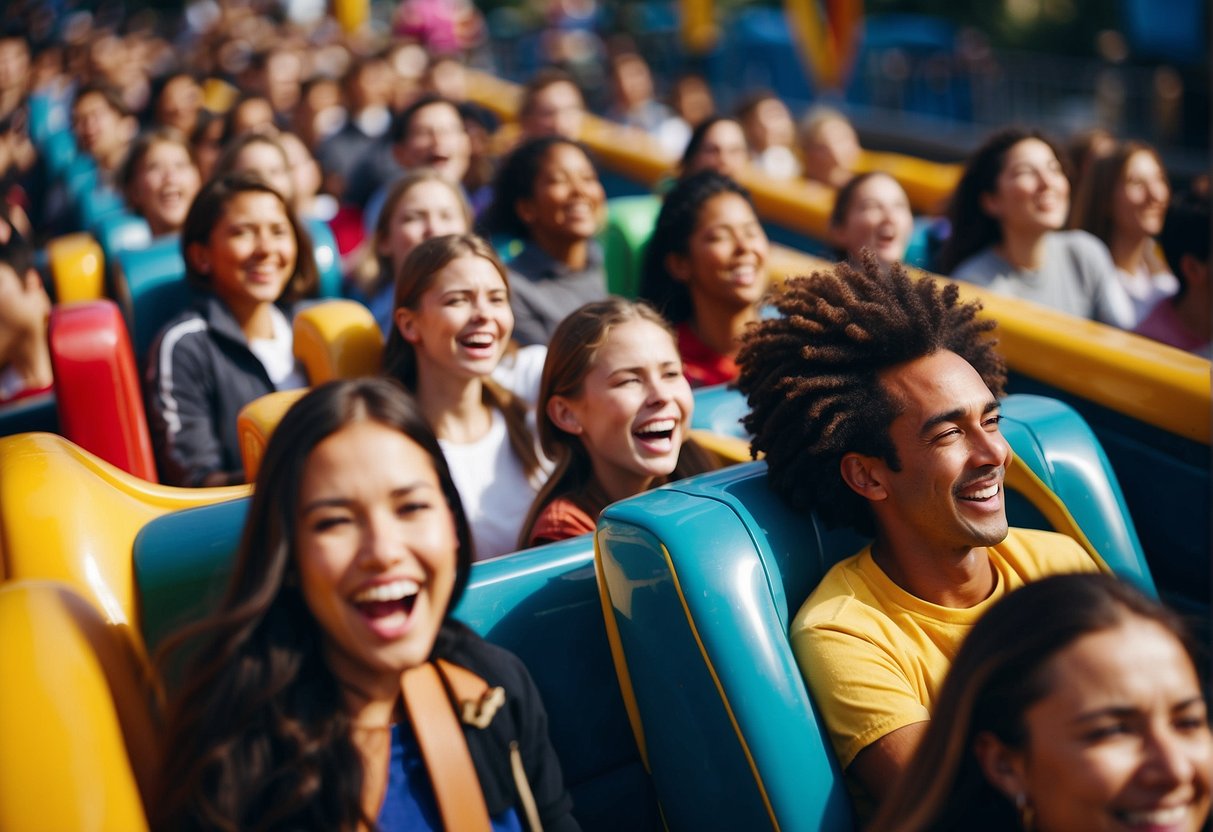 Crowds of people ride roller coasters, play games, and enjoy colorful attractions at the bustling amusement park. The sun shines brightly as excited screams fill the air