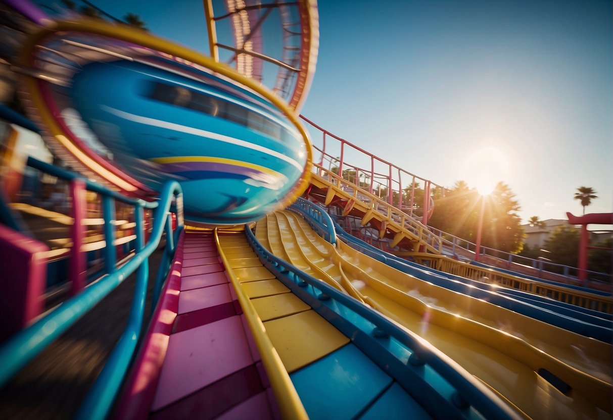 A roller coaster speeds down a track, twisting and turning through the air. Brightly colored carnival games and rides fill the background, with happy screams and laughter filling the air