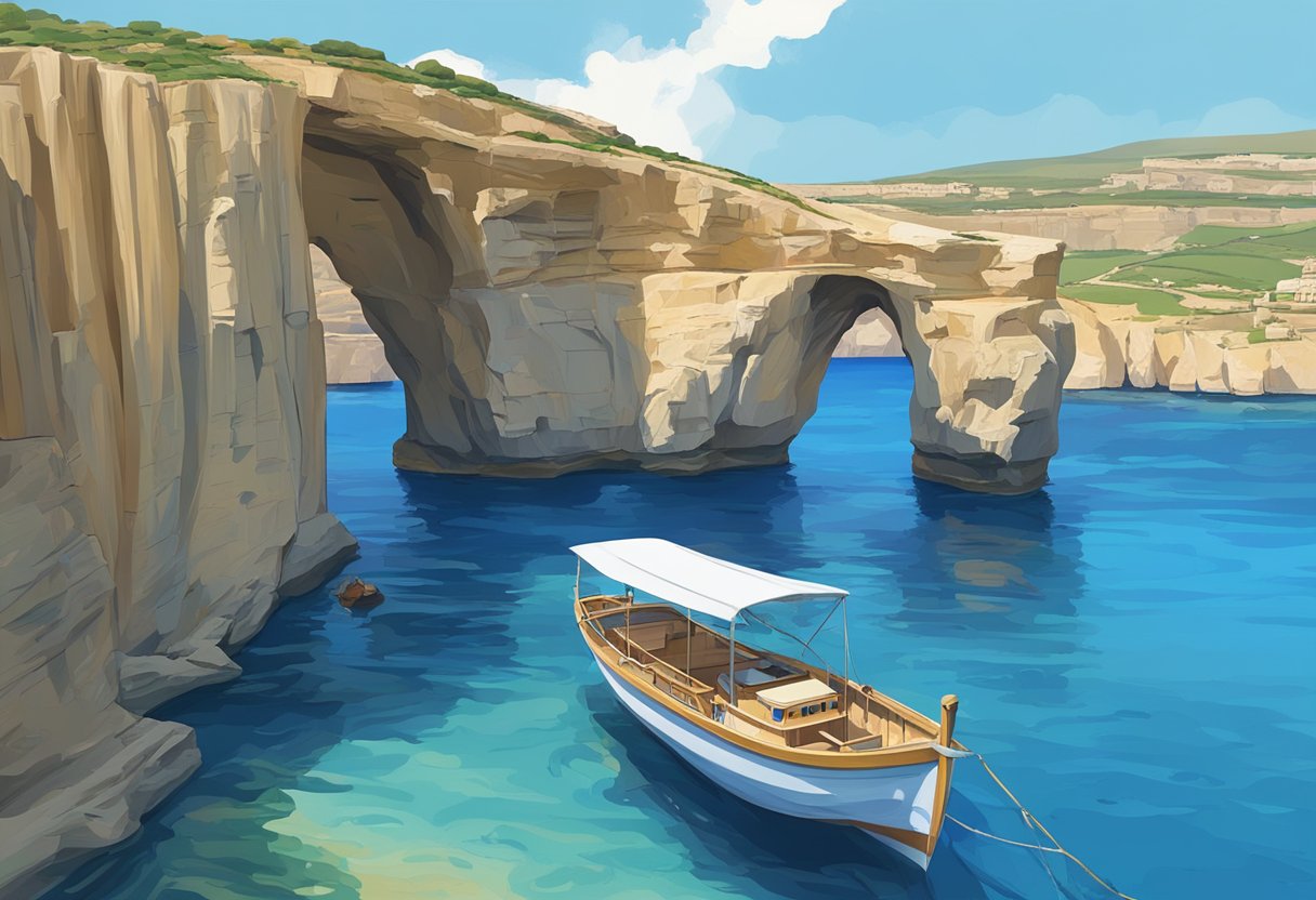 Crystal clear blue waters surround the rugged coastline of Gozo Island, with the famous Azure Window rock formation in the distance. A small boat approaches the picturesque island, while the sun shines brightly overhead