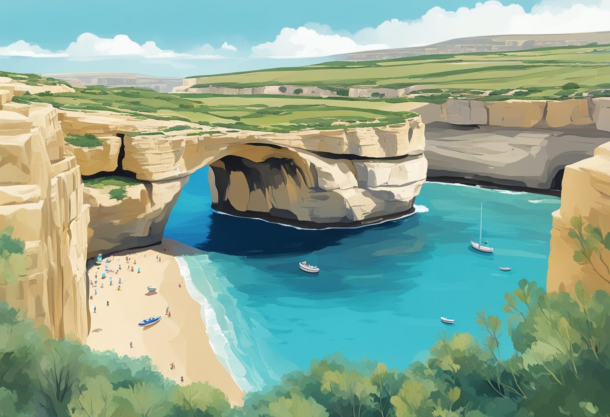 The rugged coastline of Gozo, Malta, with its iconic Azure Window rock formation and crystal-clear turquoise waters. A quaint village with traditional limestone buildings nestled in the rolling countryside