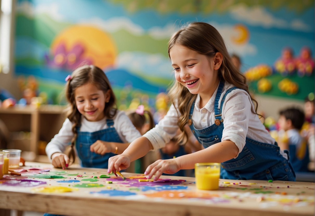 Children laughing and creating art in a bright, spacious workshop. Paints, brushes, and colorful paper cover the tables. A mural of spring scenes adorns the wall