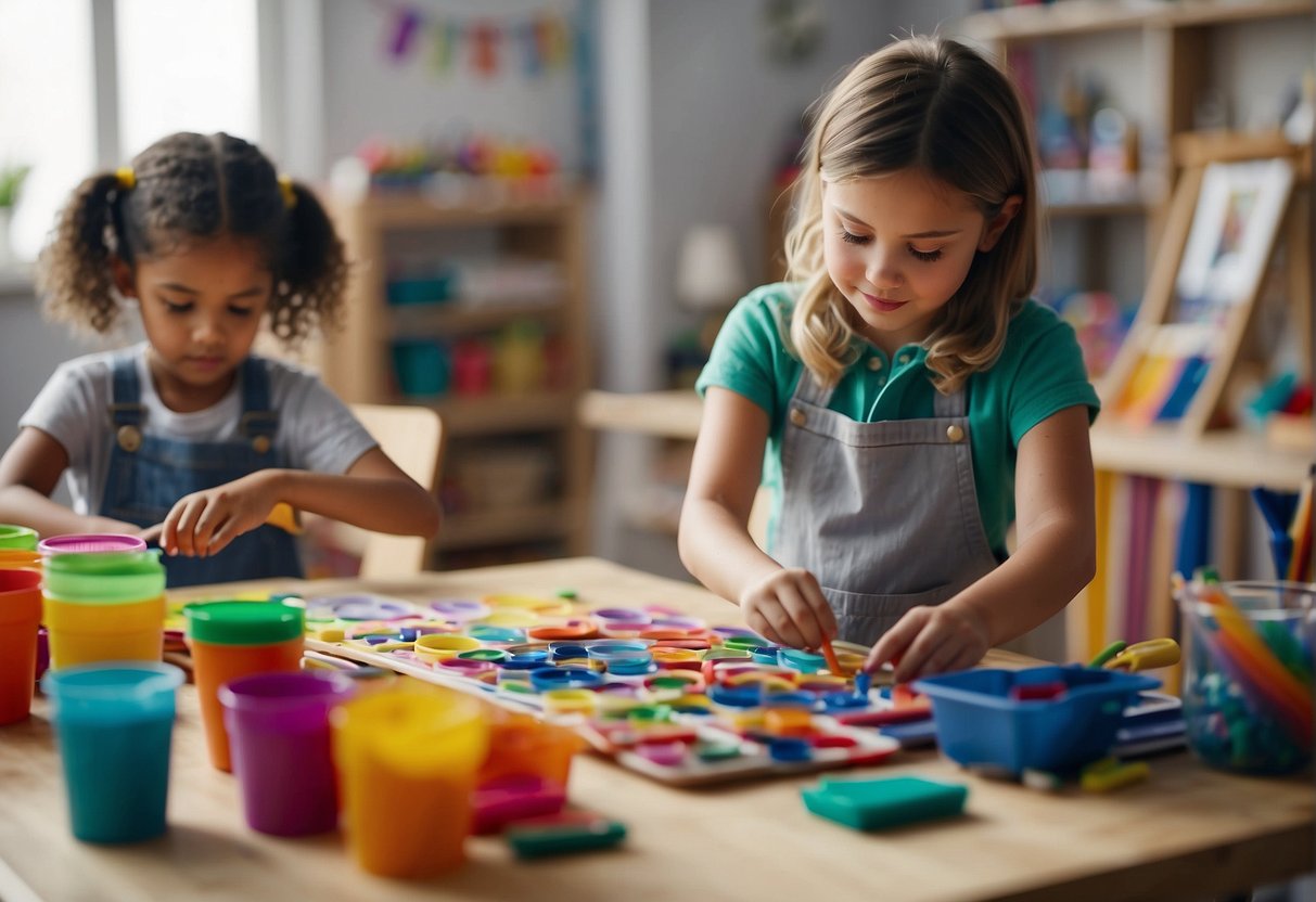Children creating art in a brightly lit studio filled with colorful supplies and tools. An instructor moves around, offering guidance and encouragement