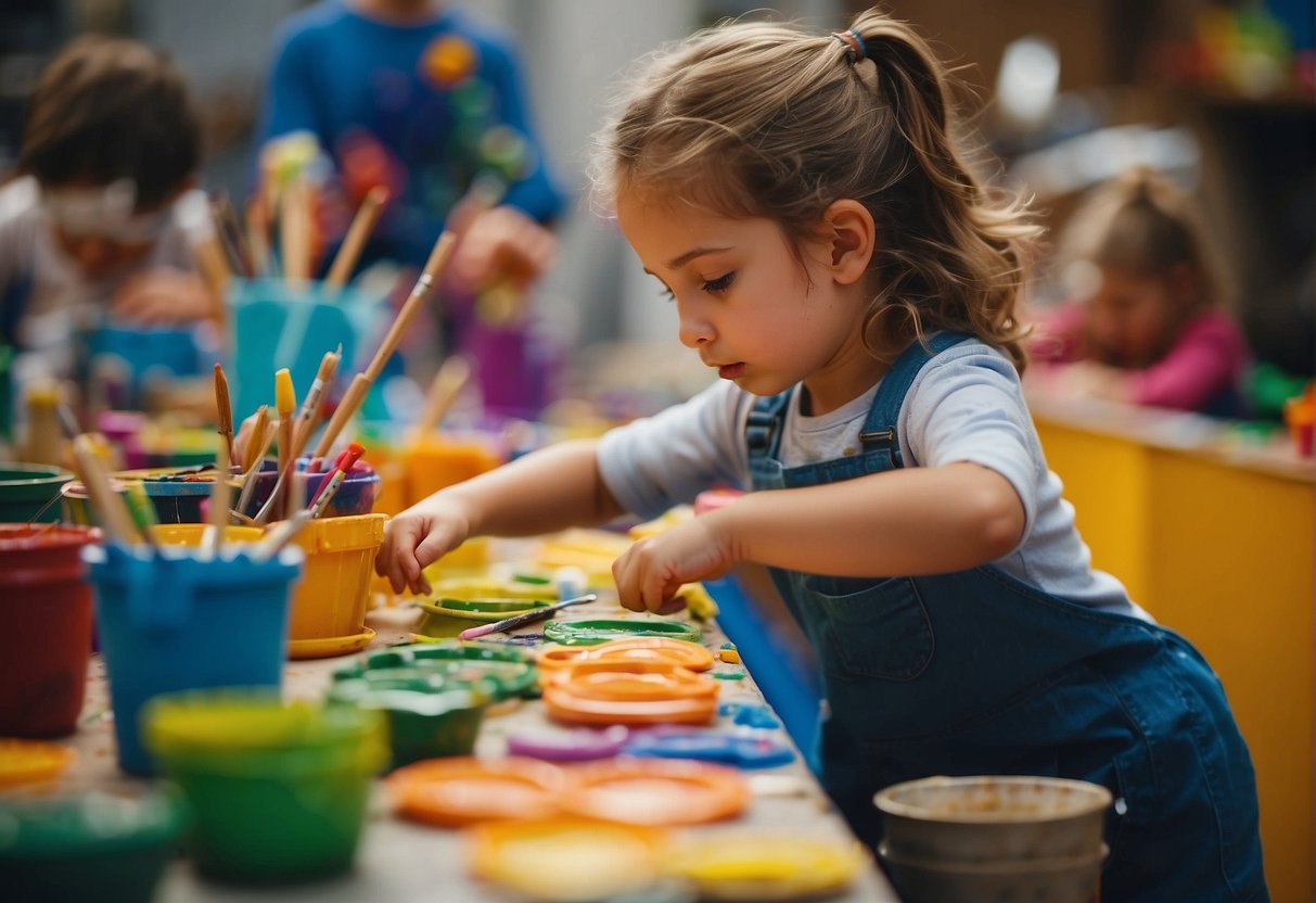 Children painting, sculpting, and crafting in a colorful workshop setting with themes like nature, animals, and outer space