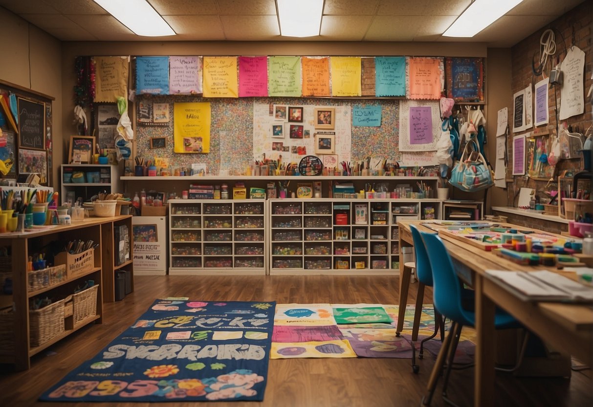 A colorful workshop room filled with art supplies and children's artwork displayed on the walls, with a sign reading "Missouri's Spring Break Workshops for Creative Kids" hanging above the entrance