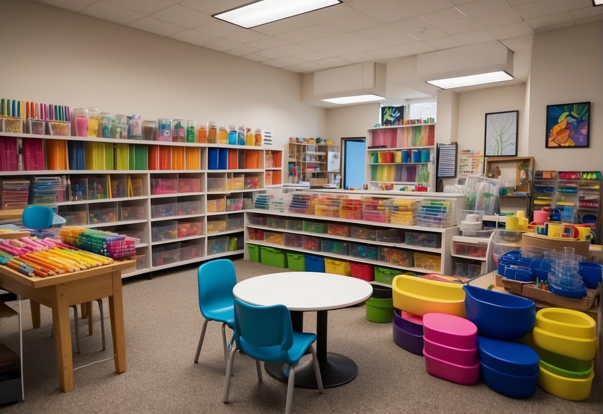 A colorful art studio with tables and chairs set up for kids. Bright art supplies and craft materials are neatly organized on shelves. A sign-up table with registration forms and flyers for Missouri's Spring Break Workshops for Creative Kids
