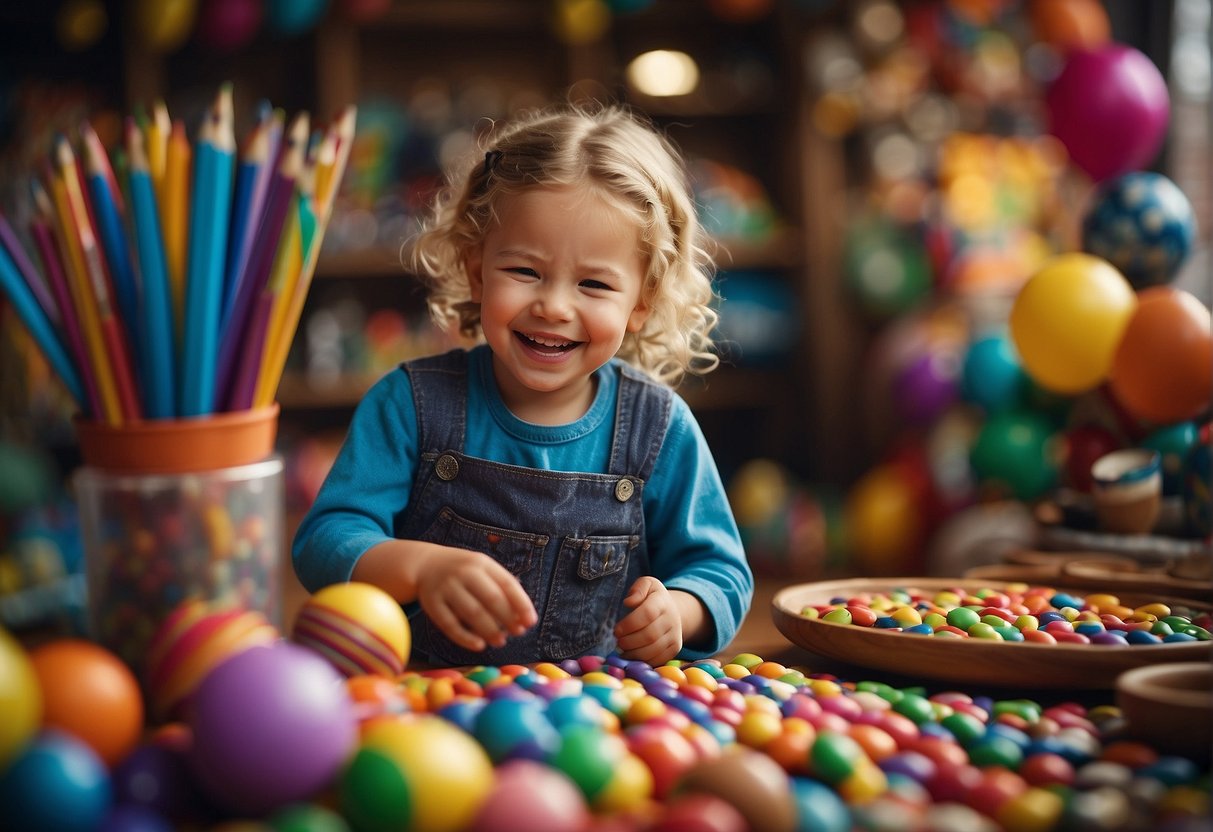 Children laughing and playing, surrounded by colorful art supplies and traditional crafts. A lively atmosphere filled with creativity and cultural exploration