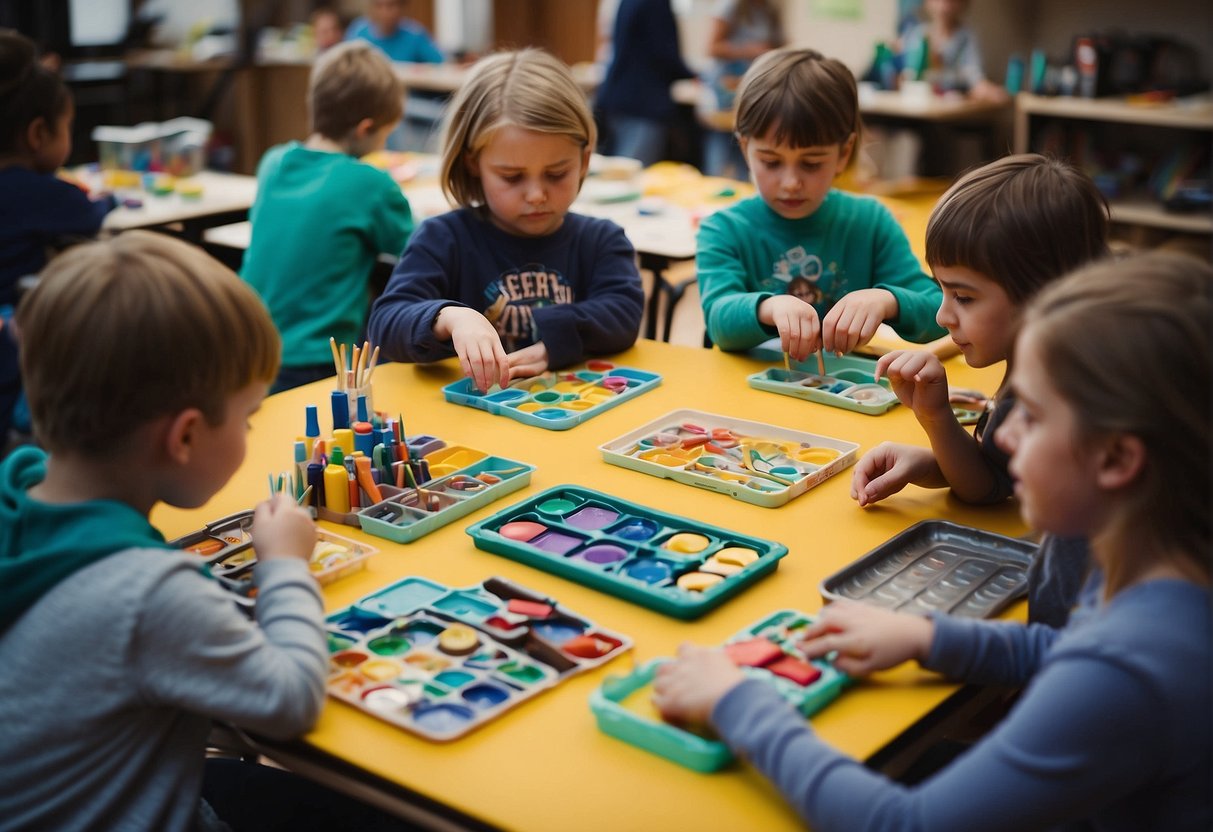 A group of kids engage in hands-on creative workshops during Missouri's Spring Break. They work on various art projects and crafts, surrounded by colorful supplies and enthusiastic instructors