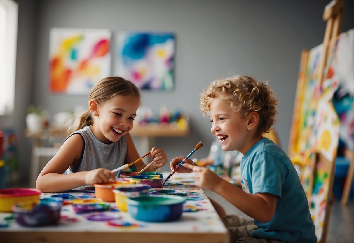 Children laughing and painting in a bright, spacious studio filled with colorful art supplies and finished masterpieces
