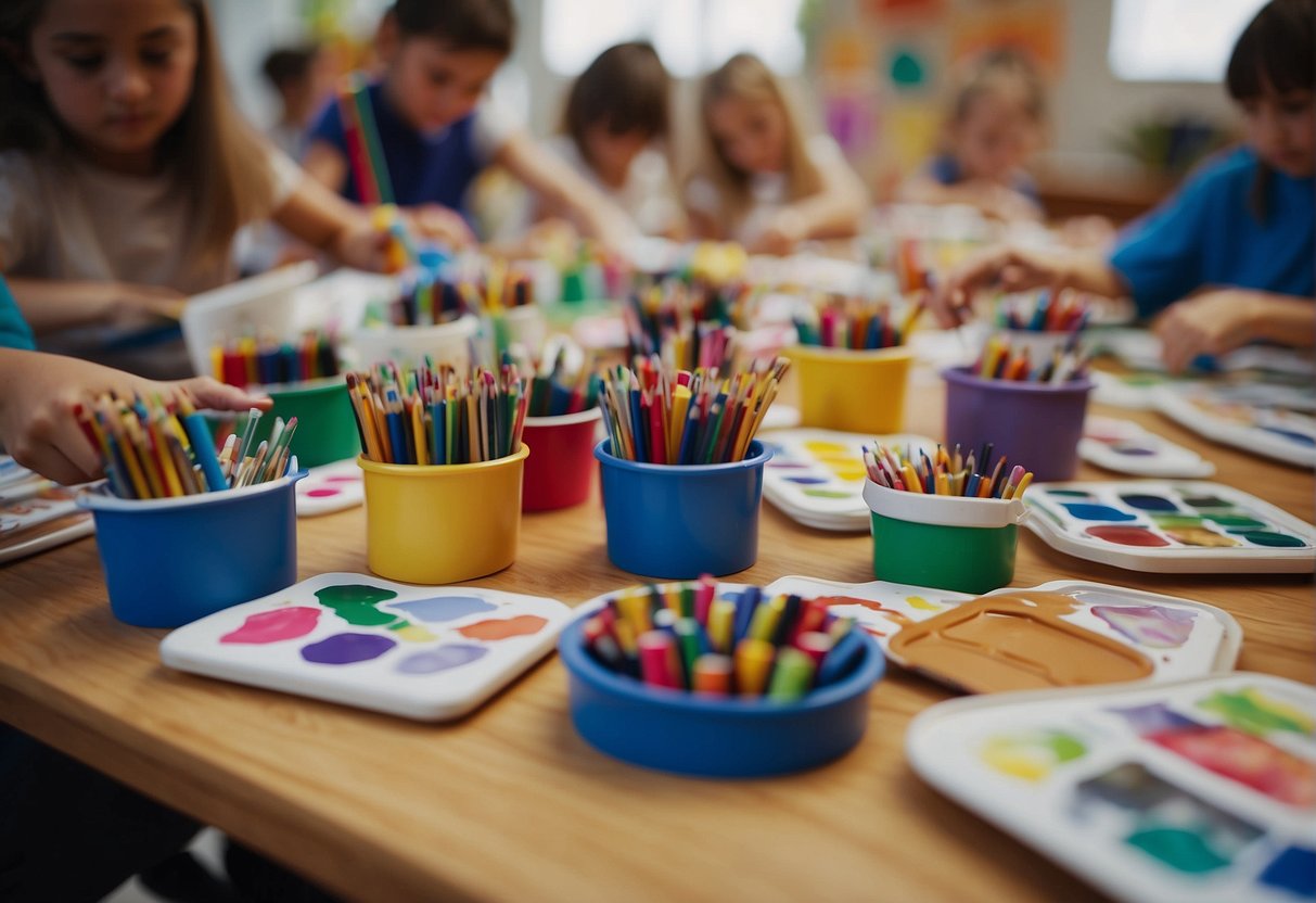 Colorful art supplies scattered on a table, with children's drawings and paintings displayed on the walls. A group of kids engaged in various creative activities, guided by enthusiastic instructors