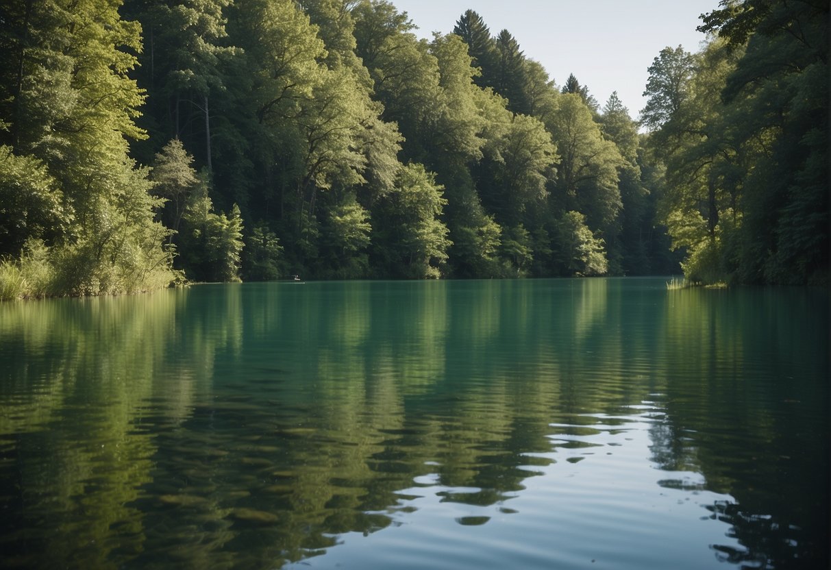 A serene lake surrounded by lush green trees, with a clear blue sky overhead. A fishing rod is cast into the water, creating ripples on the surface