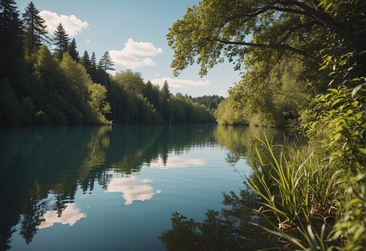 A serene lake surrounded by lush greenery, with a clear blue sky overhead. A fishing rod is positioned on the bank, ready for action