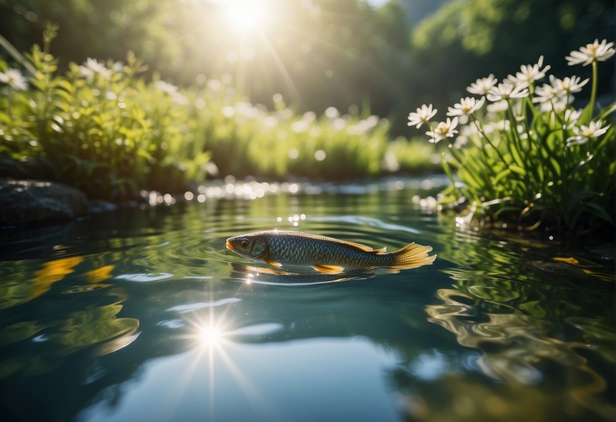 Fish swimming in a clear stream, surrounded by blooming flowers and green foliage. The sun is shining, and the water is teeming with seasonal fish